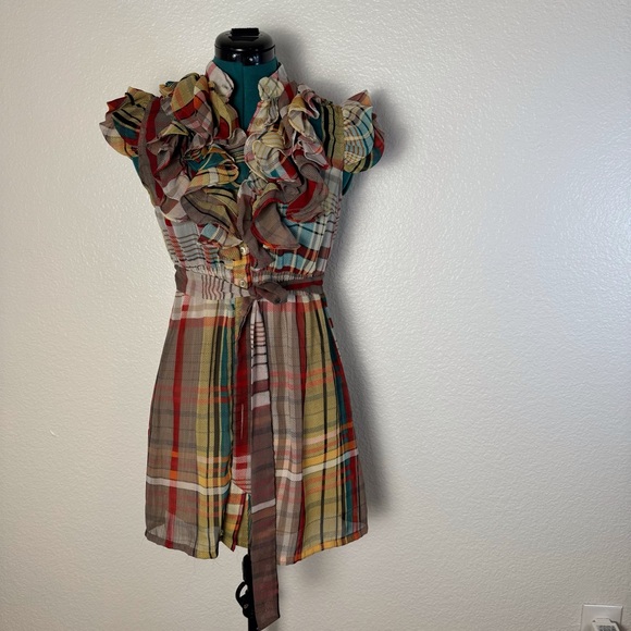Womens Sz Small plaid dress ruffle bust & short sleeves, smocked waist Hot Fall - Picture 1 of 5